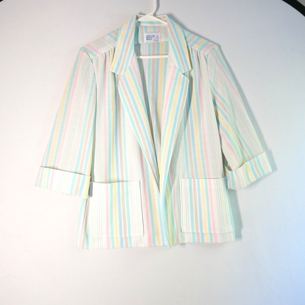 VTG‎ Cape Cod Match Mates M Pastel Striped Open Front Blazer USA Coastal Grandma